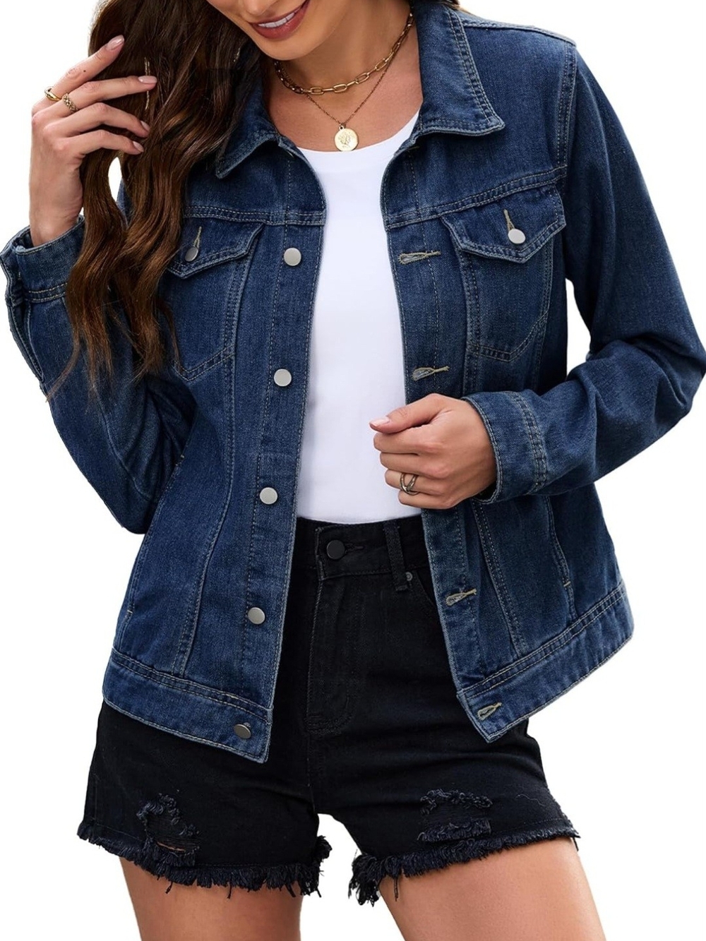 Classic Dark Blue Denim Jacket - Women's Casual Jean Coat